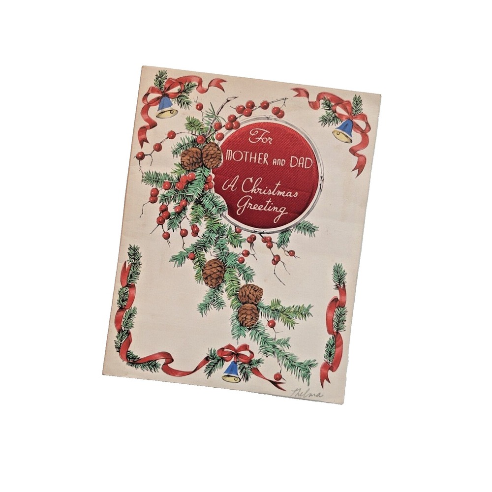 Vintage 1930's Christmas Card To Mother & Dad Rust Craft Boston 3-D Satin Fabric
